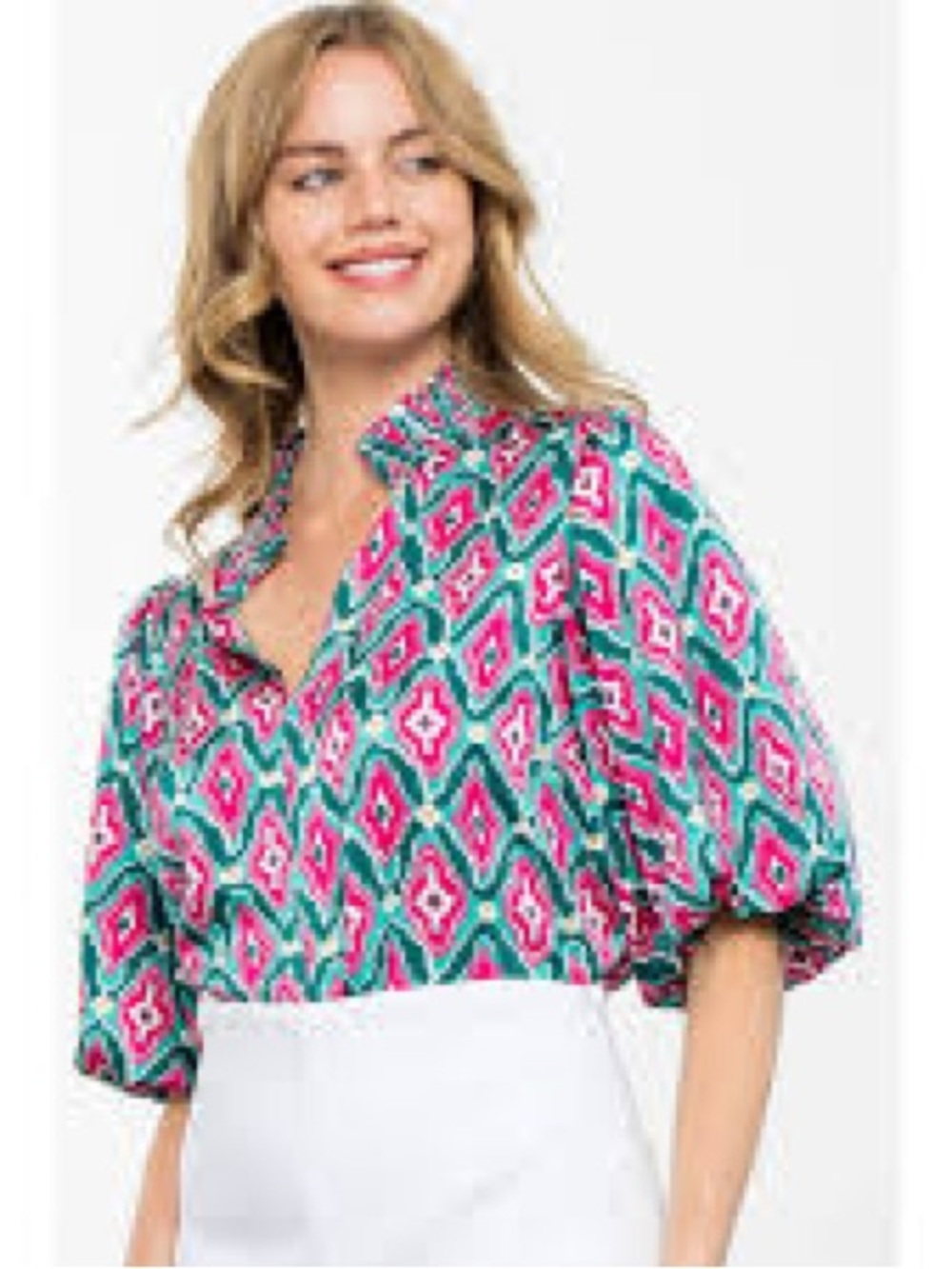 THML Teal and Hot Pink Printed Ruffle-Neck Puff Sleeve Blouse - Picture 4 of 16